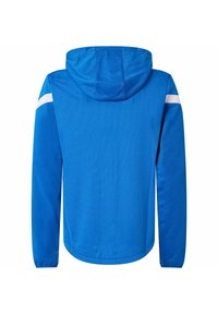Giacca blu con cappuccio e maniche lunghe, realizzata in tessuto liscio. Presenta una striscia bianca sulle spalle e un orlo arrotondato sul fondo.