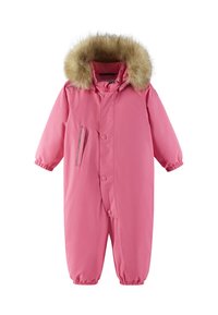 Roze geïsoleerde overall met een bontgevoerde capuchon, drukknoopsluiting, elastische manchetten en een zijzak met een ritssluiting. Glad afwerking.