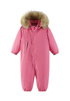 Rosa, isolierter Einteiler mit einer mit Fell gefütterten Kapuze, Druckknopfverschlüssen, elastischen Bündchen und einer seitlichen Tasche mit Reißverschlusstalon. Glatte Oberfläche.