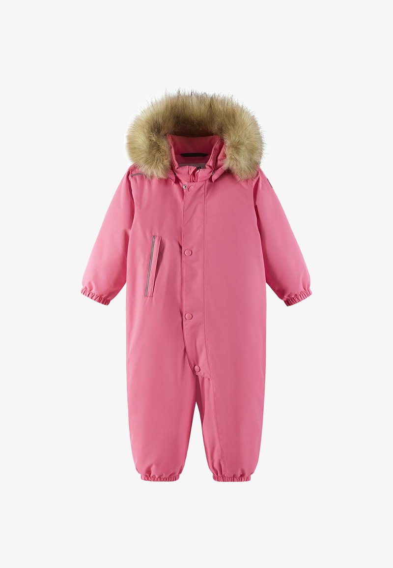 Roze geïsoleerde overall met een bontgevoerde capuchon, drukknoopsluiting, elastische manchetten en een zijzak met een ritssluiting. Glad afwerking.