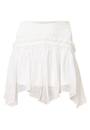 White, layered skirt with a smocked waistband. Made from lightweight fabric, featuring a flowy design and uneven hemline. Soft texture.
