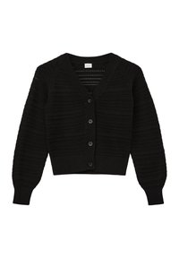 Zwarte gebreide cardigan met een V-hals, knoopsluiting aan de voorkant, kort ontwerp, textuurpatronen en geribde mouwen. Heeft lange mouwen en een getailleerde taille.