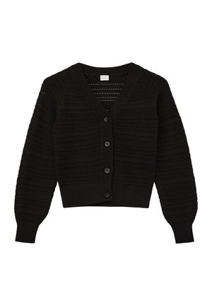 Zwarte gebreide cardigan met een V-hals, knoopsluiting aan de voorkant, kort ontwerp, textuurpatronen en geribde mouwen. Heeft lange mouwen en een getailleerde taille.