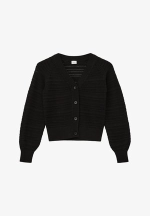 Zwarte gebreide cardigan met een V-hals, knoopsluiting aan de voorkant, kort ontwerp, textuurpatronen en geribde mouwen. Heeft lange mouwen en een getailleerde taille.