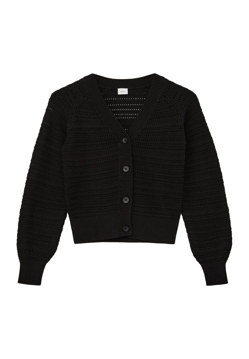 Zwarte gebreide cardigan met een V-hals, knoopsluiting aan de voorkant, kort ontwerp, textuurpatronen en geribde mouwen. Heeft lange mouwen en een getailleerde taille.