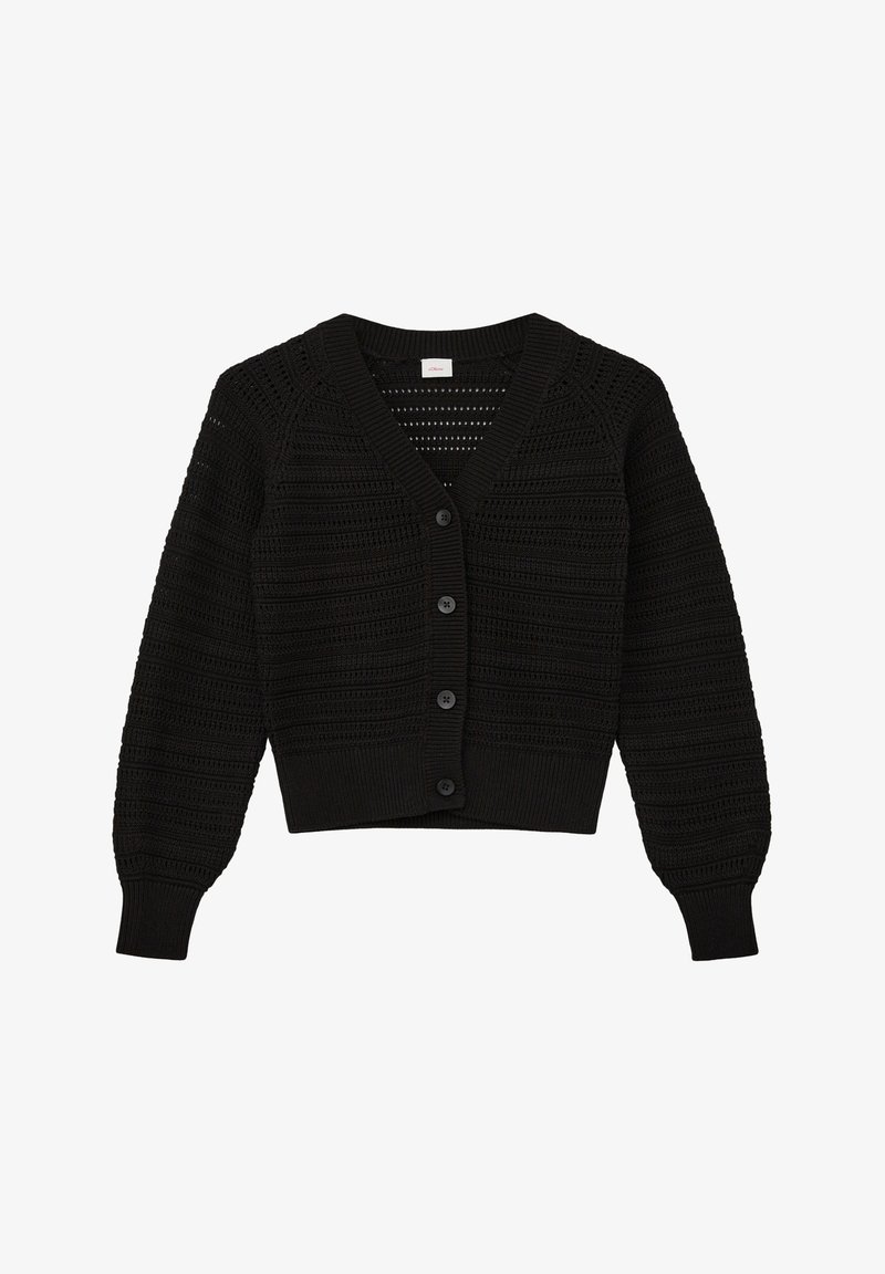 Zwarte gebreide cardigan met een V-hals, knoopsluiting aan de voorkant, kort ontwerp, textuurpatronen en geribde mouwen. Heeft lange mouwen en een getailleerde taille.