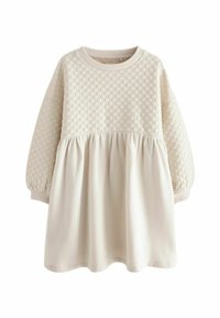 Kreemi värvi kleit, millel on tekstuurilised mullvarrukad, figureeriv kehaosa ja laienev seelik. Valmistatud pehmest puuvillast materjalist.