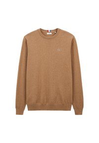 Pull en tricot marron avec un col rond, des manches longues et un ourlet côtelé. Présente un petit logo sur la poitrine et des détails rayés au col.