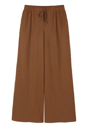 Pantaloni larghi marroni realizzati in tessuto morbido, con vita elasticizzata e cordoncino. Texture liscia e senza motivi visibili.