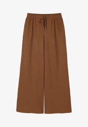 Rudos plačios kelnios, pagamintos iš minkštos medžiagos, su elastinga juosta ir raišteliu. Lygus paviršius, be matomų raštų.