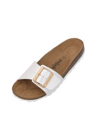 Infradito bianche con una fascia larga e una fibbia dorata, dotate di una soletta in suede marrone e suola testurizzata con un leggero rialzo.
