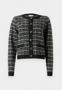 Cardigan noir et blanc à motifs avec un col rond, fermeture à boutons sur le devant, deux poches et poignets côtelés, fabriqué en tissu texturé.