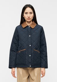 Μπλε ναυτική μπουφάν με ραφές, καφέ γιακά, κουμπιά με κούμπωμα και δύο πλαϊνές τσέπες με δερμάτινες λεπτομέρειες. Ομαλή υφή και άνετη εφαρμογή.