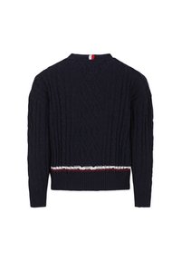 Jersey de punto de cable en color navy con cuello redondo y puños acanalados. Presenta un diseño a rayas en el dobladillo en blanco y rojo. Tejido texturizado.