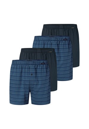 Fire par herreboxershorts, der skiftevis er ensfarvede mørkeblå og blå med lyseblåt lodret prikket mønster.
