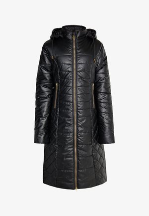 Sort puffet jakke med quiltet design, lynlåslukning, guldfarvede detaljer og hætte. Har sidelommer med lynlåse.