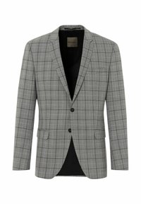 Grau karierter Blazer mit einer einzelnen Brusttasche, schwarzem Futter, Reverskragen und zwei vorderen Knöpfen. Taillierte Passform mit strukturierten Schultern.