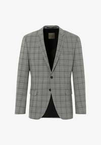 Blazer gris con estampado de cuadros, un solo bolsillo en el pecho, forro negro, solapas con muesca y dos botones frontales. Ajuste entallado con hombros estructurados.