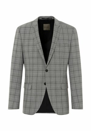 Grau karierter Blazer mit einer einzelnen Brusttasche, schwarzem Futter, Reverskragen und zwei vorderen Knöpfen. Taillierte Passform mit strukturierten Schultern.