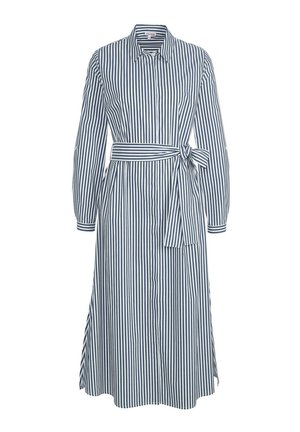 Langes, knöpfbares Kleid in Marineblau und weißen vertikalen Streifen, mit einem Taillengürtel, langen Ärmeln und einem Kragen mit Manschettendetails.