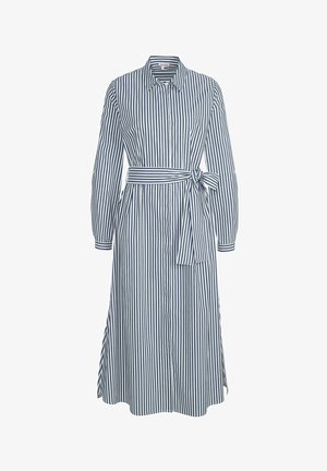Langes, knöpfbares Kleid in Marineblau und weißen vertikalen Streifen, mit einem Taillengürtel, langen Ärmeln und einem Kragen mit Manschettendetails.