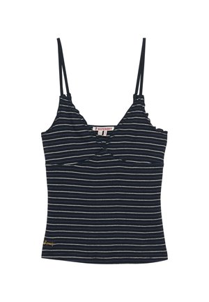 Marineblå camisole med tynde hvide striber, dobbelte spaghetti-stropper og V-udskæring, med en lille broderet logo nær den nederste kant.