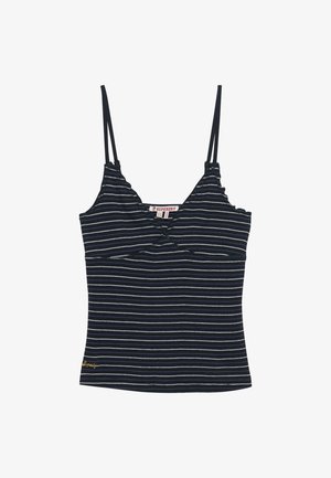 Marineblå camisole med tynde hvide striber, dobbelte spaghetti-stropper og V-udskæring, med en lille broderet logo nær den nederste kant.