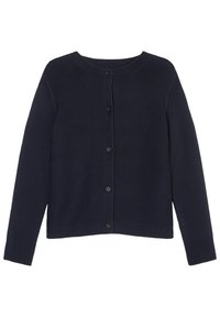 Mörkblå stickad kofta med rund halsringning, knäppning fram och långa ärmar. Har ett strukturerat mönster och minimalistisk design.