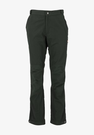 Donkergroene wandelbroeken gemaakt van duurzaam materiaal, met versterkte knieën, zijzakken en drukknoopsluitingen bij de zoom.