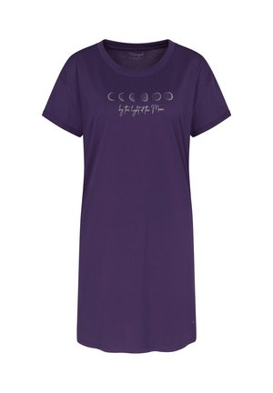 Purple t-shirt dress with a round neck and short sleeves. Features a moon phase graphic and the text "by the light of the Moon."