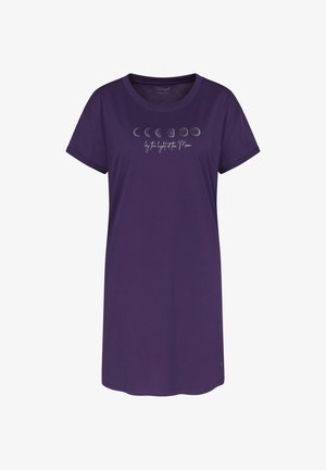 Purple t-shirt dress with a round neck and short sleeves. Features a moon phase graphic and the text "by the light of the Moon."
