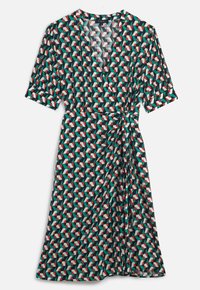 Patroon wikkeljurk met korte mouwen, geometrische vormen in rood, groen, zwart en wit, met een strikdetail in de taille.