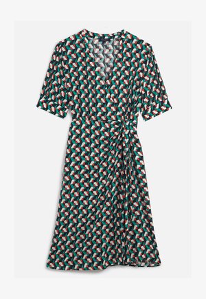 Patroon wikkeljurk met korte mouwen, geometrische vormen in rood, groen, zwart en wit, met een strikdetail in de taille.