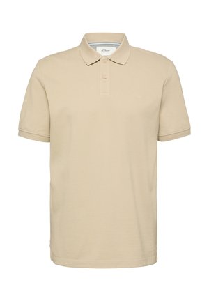 Beige kurzärmeliges Polohemd mit Zweiknopfleiste und Kragen, aus strukturiertem Stoff, auf weißem Hintergrund dargestellt.