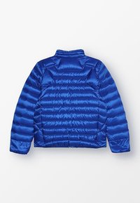 Modrá péřová bunda s hladkým, lesklým povrchem, s vodorovnými prošívanými sekcemi a stojáčkovým límcem. Zadní pohled ukazuje design rukávů.