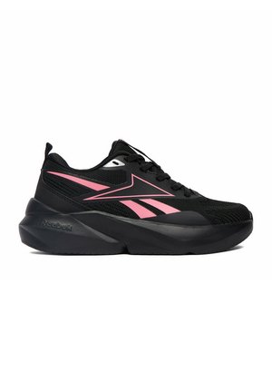 Sort Reebok løbesko med pink logo og accenter, tyk polstret sål og sorte snørebånd, vist fra ydersiden.