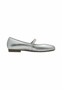 Zilveren metallic balletschoenen met een ronde neus, een lage hak en een decoratieve band over de wreef. Gladde oppervlakte tekstuur.