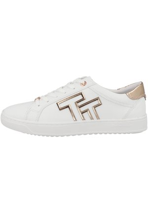 White sneaker featuring smooth material, rose gold accents, prominent logo detail on the side, and a textured rubber sole.