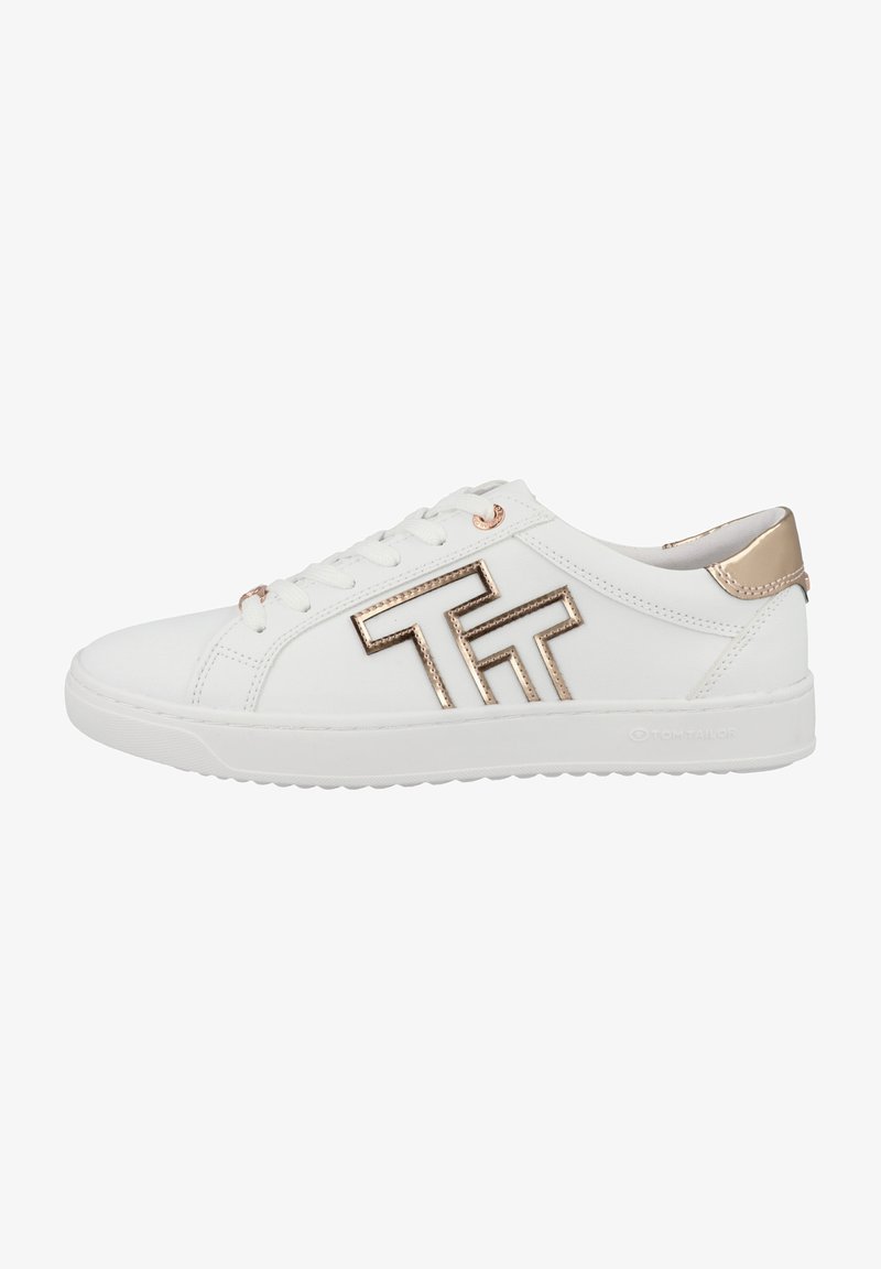 White sneaker featuring smooth material, rose gold accents, prominent logo detail on the side, and a textured rubber sole.