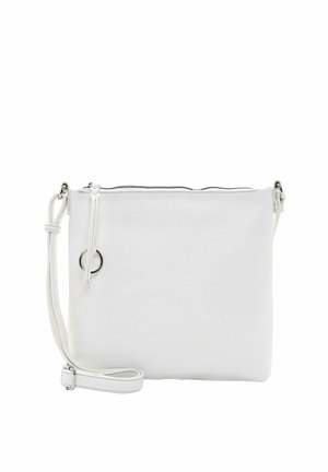 Sac bandoulière en cuir blanc avec sangle ajustable, détail anneau argenté et fermeture éclair sur le dessus.