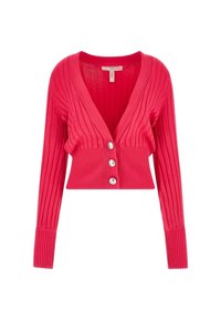 Różowy kardigan z dekoltem w serek, prążkowany, z długimi rękawami i trzema dużymi, srebrnymi guzikami z przodu, w krótkim fasonie.
