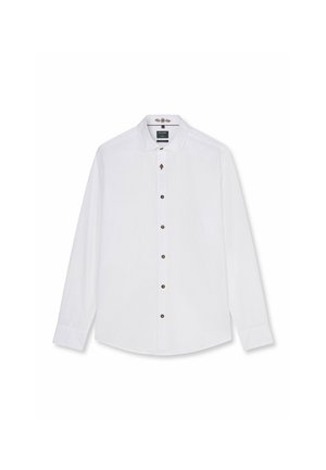 Weißes Herrenhemd mit langen Ärmeln, Knöpfen vorne und klassischem Kragen, flach auf weißem Hintergrund dargestellt.