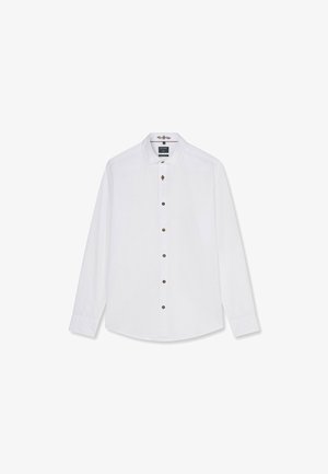 Weißes Herrenhemd mit langen Ärmeln, Knöpfen vorne und klassischem Kragen, flach auf weißem Hintergrund dargestellt.