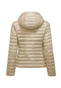 Giacca puffer beige con cappuccio, design trapuntato, strisce orizzontali, maniche lunghe e una texture liscia e lucida. Mostrata vista posteriore.