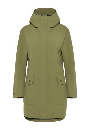 Olivgrüner langer Regenmantel für Damen mit Kapuze, vorderer Druckknopf- und Reißverschluss, Klappentaschen mit Druckknöpfen und verstellbaren Ärmelbündchen.