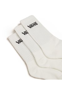 Bílé kroužkové ponožky s černým logem "VANS" na manžetě, s hladkým povrchem a typickým tvarem ponožky, naskládány tři dohromady.