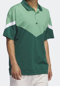 Mies, który nosi dwukolorową zieloną koszulkę polo z ciemnozielonym kołnierzykiem, białym paskiem na rękawach oraz małym czarnym logo na piersi.