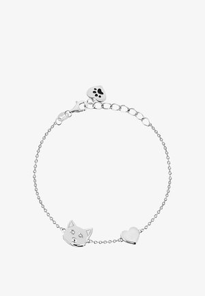 Sølv kædearmbånd med en katteansigt charme og et hjerte charme, begge med polerede overflader. Inkluderer en lås og en justerbar kæde.