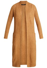 Lång, öppen cardigan i en varm, gyllene brun färg med ett texturerat stickat mönster och två framfickor. Inga knappar eller stängningar.