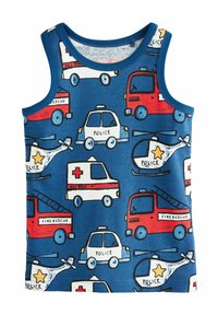 Ärmelloses Tanktop in Blau mit bunten Mustern von Polizeiautos, Feuerwehrautos und Hubschraubern, aus weichem, atmungsaktivem Baumwollstoff gefertigt.